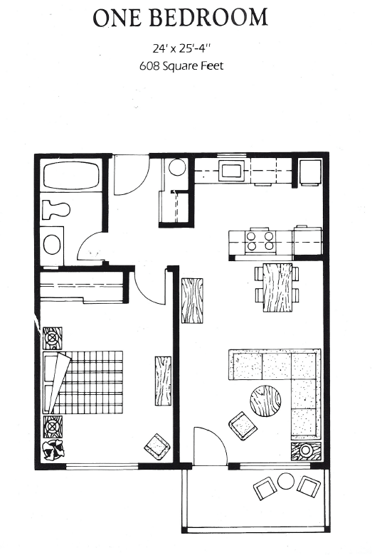 Floor plan for 1 bed, 1 bath, 650 sqft